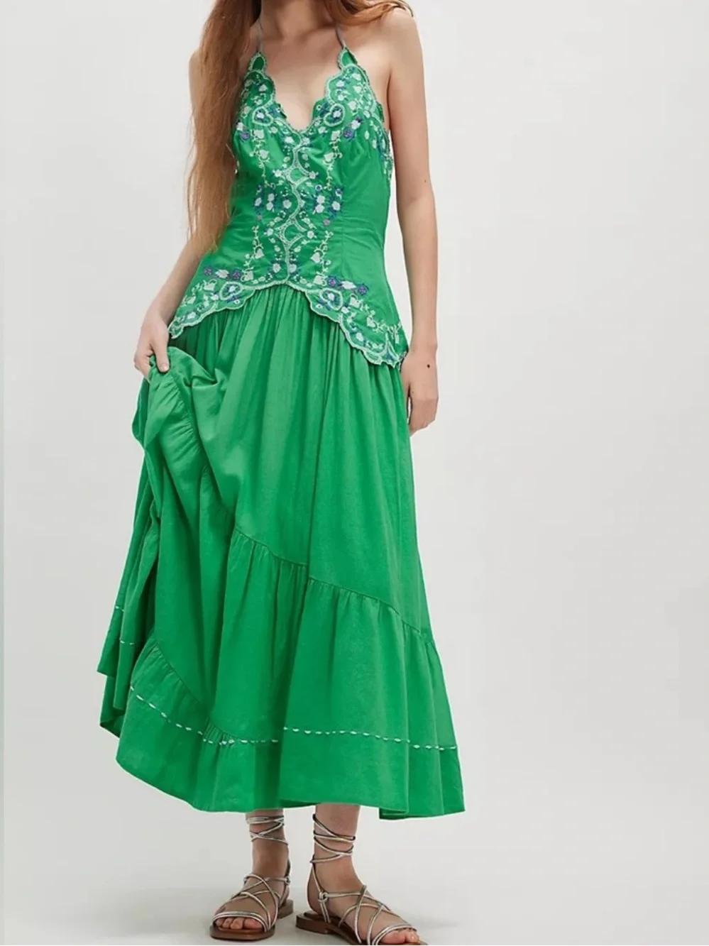 NWOT Free People Valenciana Embroidered Midi Dress in Green